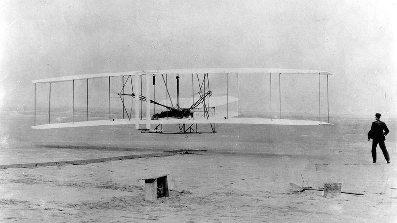 Orville and Wilbur Wright’s first flight, Dec. 17, 1903, at Kittyhawk, N.C. Activities on Family Day Aug. 18 from 9 a.m. to 3 p.m. at the National Museum of the U.S. Air Force will celebrate National Aviation Day. (U.S. Air Force photo)