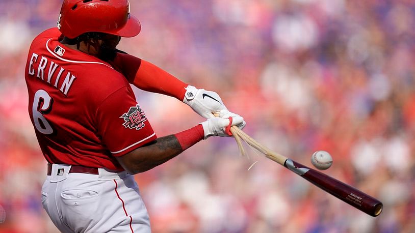 CINCINNATI, OHIO - SEPTEMBER 21: Phillip Ervin #6 of the Cincinnati Reds shatters his bat as he hits a single during a game against the New York Mets at Great American Ball Park on September 21, 2019 in Cincinnati, Ohio. (Photo by Bryan Woolston/Getty Images)