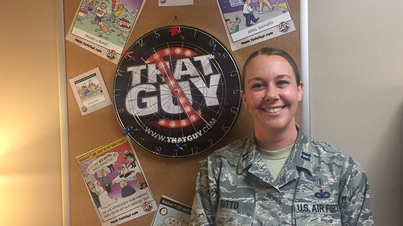 Capt. Crystal Ditto, licensed clinical social worker, Alcohol and Drug Abuse Prevention and Treatment Program manager and Intensive Outpatient Program manager at Wright-Patterson Air Force Base, offers healthy ways to cope with stress. ‘That Guy’ is the Department of Defense’s resource for responsible drinking for military service members. (Skywrighter photo/Amy Rollins)