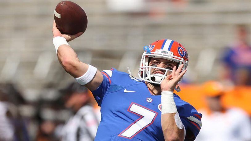 Florida quarterback Will Grier warms up before the start of play against Tennessee at Ben Hill Griffin Stadium in Gainesville, Fla., on September 26, 2015. (Stephen M. Dowell/Orlando Sentinel/TNS)