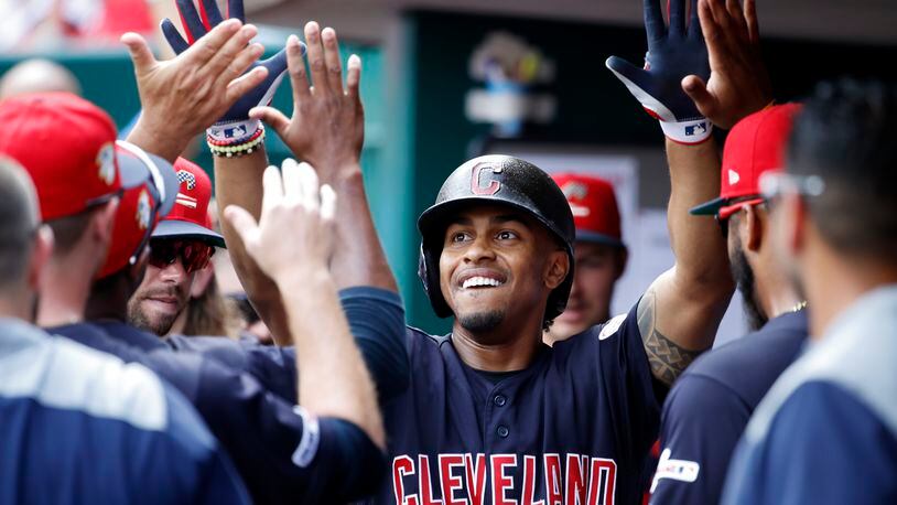 CINCINNATI, OH - JULY 06: Francisco Lindor #12 of the Cleveland Indians celebrates in the dugout after hitting a solo home run in the first inning against the Cincinnati Reds at Great American Ball Park on July 6, 2019 in Cincinnati, Ohio. (Photo by Joe Robbins/Getty Images)