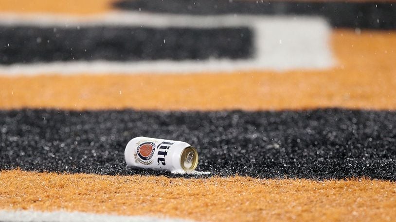 CINCINNATI, OH - JANUARY 09:  A can of beer is seen in the end zone after being thrown onto the field by a fan during the AFC Wild Card Playoff game between the Cincinnati Bengals and the Pittsburgh Steelers at Paul Brown Stadium on January 9, 2016 in Cincinnati, Ohio.  (Photo by Dylan Buell/Getty Images)