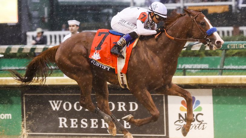 Justify, with Mike Smith up, was all alone at the finish in the 144th running of the Kentucky Derby at Churchill Downs in Louisville, Ky., on Saturday, May 5, 2018. (Ron Garrison/Lexington Herald-Leader/TNS)