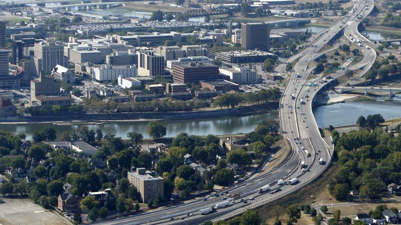 This aerial view looks south as Interstate 75 winds around downtown Dayton. STAFF FILE