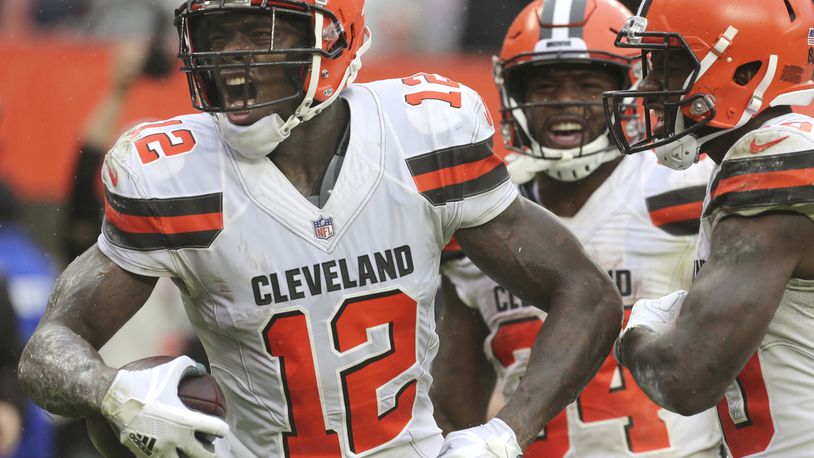 Cleveland Browns Josh Gordon celebrates his fourth quarter touchdown against the Pittsburgh Steelers on Sunday, Sept. 9, 2018 at FirstEnergy Stadium in Cleveland, Ohio. The game ended in a 21-21 tie. (Phil Masturzo/Beacon Journal/TNS)