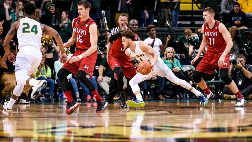 Wright State University’s Justin Mitchell dribbles to the basket during their 89-87 win over Miami Univsersity Tuesday, Nov. 15 at Wright State University’s Nutter Center in Fairborn. Mitchell leads the Raiders with 7.5 rebounds per game. NICK GRAHAM/STAFF