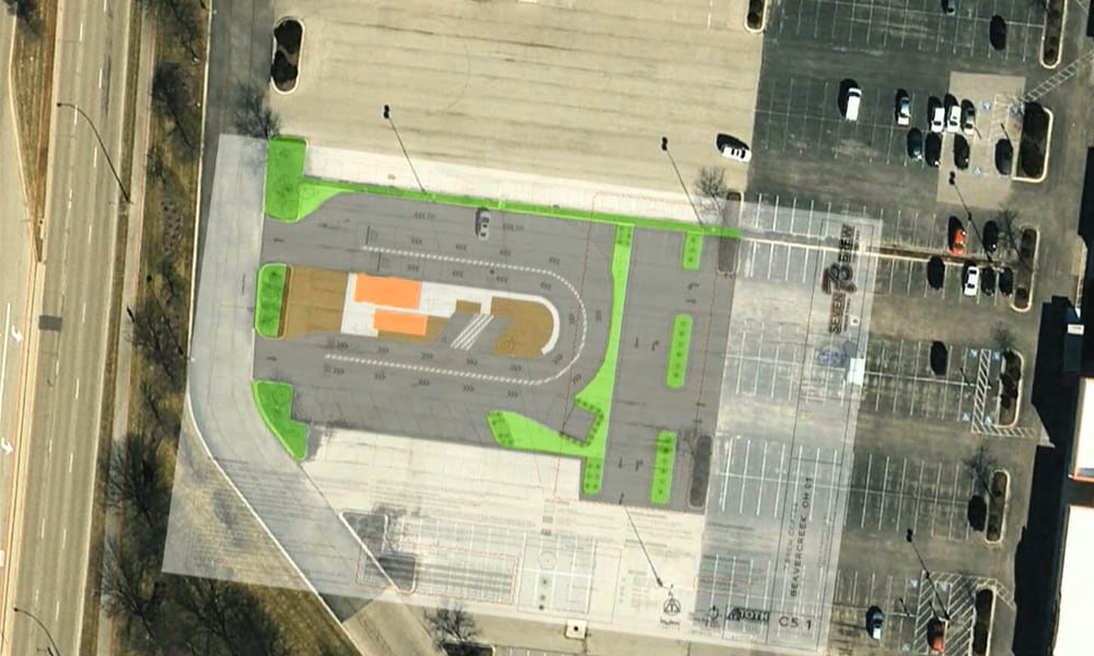 A diagram shows where New York-based 7 Brew Coffee will build a drive-thru coffee shop in Beavercreek. On the left edge of the photo is North Fairfield Road. On the right edge is the REI Co-op store slated to open next month. CONTRIBUTED