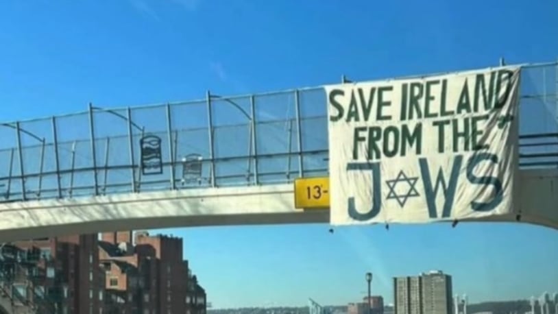 Cincinnati Police said they received several calls related to a banner that hung above an overpass this past weekend that said "Save Ireland from the Jews." CREDIT: Provided by Cincy Jewfolk