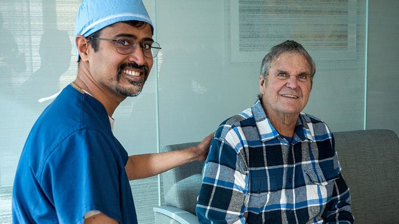 Surgical oncologist and Mercy Health Physician Dr. Shyam Allamaneni recently performed a groundbreaking Whipple-procedure robotic surgery on Frederick "Rick" Weppler of Ross Township. Weppler recovered especially quickly. PROVIDED