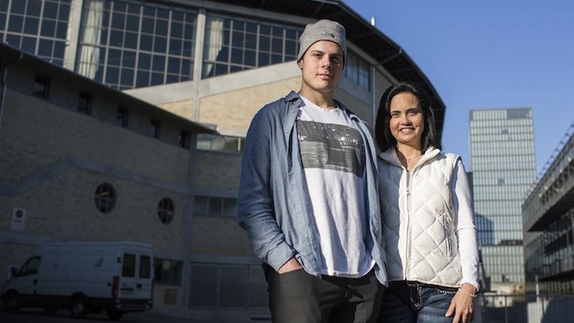 Auston Matthews with his mother, Ema, in Zurich, Dec. 2, 2015. A top National Hockey League draft pick in waiting, the 18-year-old prodigy from Arizona chose to spend a year competing professionally in Switzerland instead of playing college hockey or joining a junior team. (Pascal Mora/The New York Times)