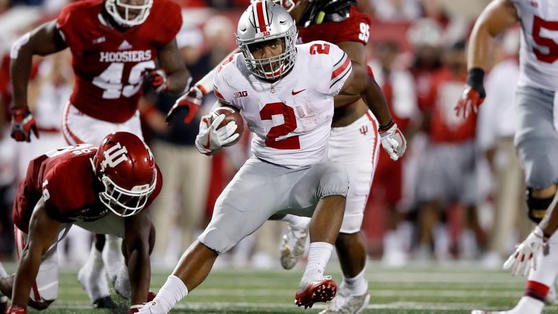BLOOMINGTON, IN - AUGUST 31:  J.K. Dobbins #2 of the Ohio State Buckeyes runs with the ball against the Indiana Hoosiers at Memorial Stadium on August 31, 2017 in Bloomington, Indiana.  (Photo by Andy Lyons/Getty Images)
