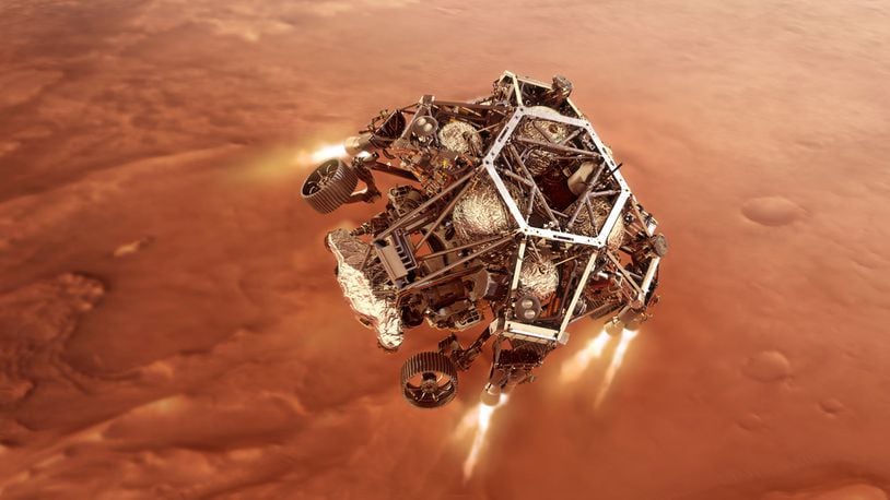 The NASA Perseverance rover, in powered descent. NASA image