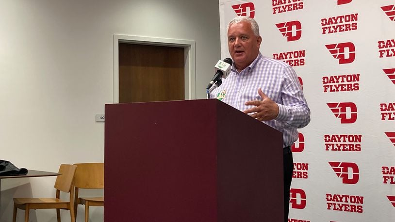 OHSAA Executive Director Doug Ute speaks at a press conference at UD Arena on Monday, May 3, 2021, in Dayton. David Jablonski/Staff