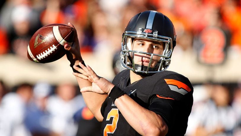 STILLWATER, OK - NOVEMBER 7 : Quarterback Mason Rudolph #2 of the Oklahoma State Cowboys looks to throw against the TCU Horned Frogs November 7, 2015 at Boone Pickens Stadium in Stillwater, Oklahoma. The Cowboys defeated the Horned Frogs 49-29. (Photo by Brett Deering/Getty Images)