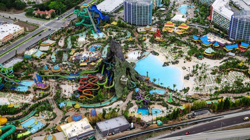 Universal’s Volcano Bay water park photographed from an aerial position on May 23, 2017. In recent months, Universal has acquired hundreds of acres of land along Sand Lake Road for what could be an addition to its current theme parks: Islands of Adventure, Universal Studios Florida and Volcano Bay water park. (Jacob Langston/Orlando Sentinel)