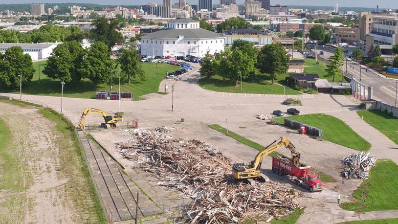 This view shows demolition work performed earlier this year on the former Montgomery County Fairgrounds, which will be redeveloped as the onMain neighborhood. FILE