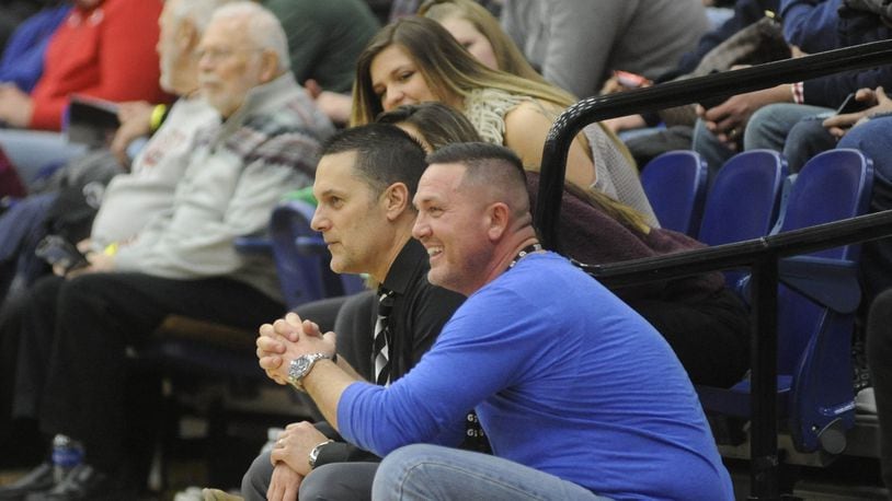 Flyin’ creator Eric Horstman (left). Prolific Prep (Calif.) defeated IMG Academy (Fla.) 75-71 in the 16th annual Premier Health Flyin’ to the Hoop at Trent Arena in Kettering on Sat., Jan. 13, 2018. MARC PENDLETON / STAFF
