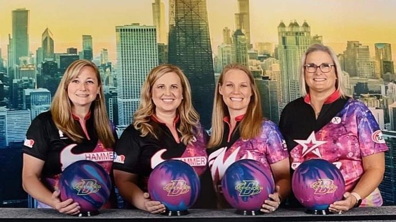 Jessica Hatcher (second from the right) joins her state champion teammates (l-r Andrea Behr, Rachael Delserone and Kari Graham) as a hall of fame bowler - Contributed