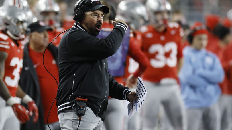 Ohio State head coach Ryan Day shouts to his team during the second half of an NCAA college football game against Minnesota, Saturday, Nov. 18, 2023, in Columbus, Ohio. (AP Photo/Jay LaPrete)
