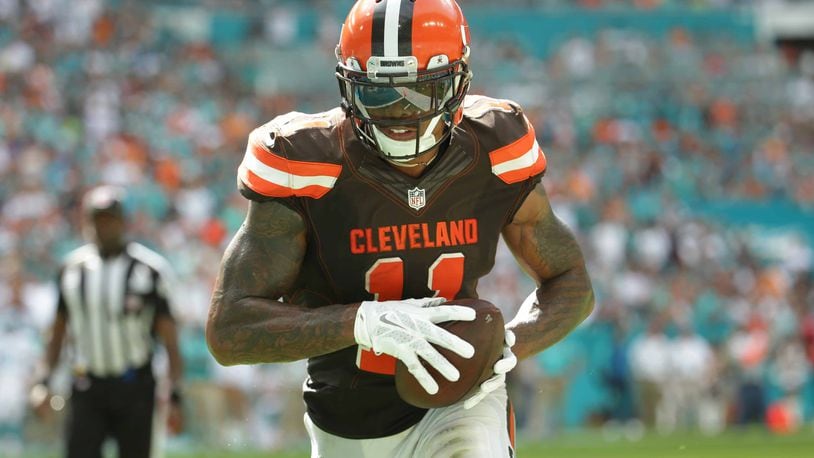 Cleveland Browns wide receiver Terrelle Pryor (11) runs for a touchdown during the second half of an NFL football game against the Miami Dolphins, Sunday, Sept. 25, 2016, in Miami Gardens, Fla. (AP Photo/Lynne Sladky)