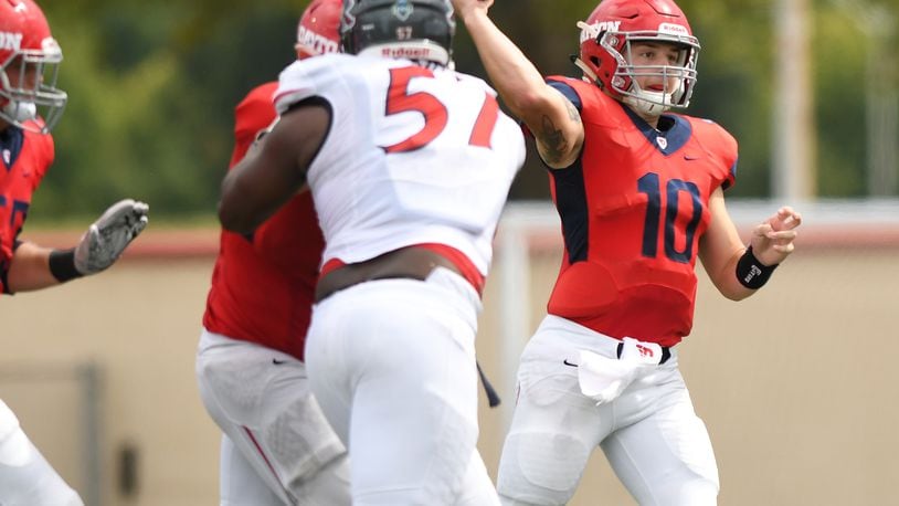 Dayton quarterback Jack Cook during a game last season against Robert Morris. Cook passed for 277 yards and three TDs in Saturday’s win at Valpo. Erik Schelkun/CONTRIBUTED