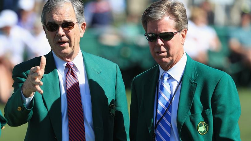 AUGUSTA, GA - APRIL 05:  Augusta National chairman Billy Payne and competition committee chairman Fred Ridley look over the 18th green during a practice round prior to the start of the 2016 Masters Tournament at the Augusta National Golf Club on April 5, 2016 in Augusta, Georgia.  (Photo by Scott Halleran/Getty Images for Golfweek)