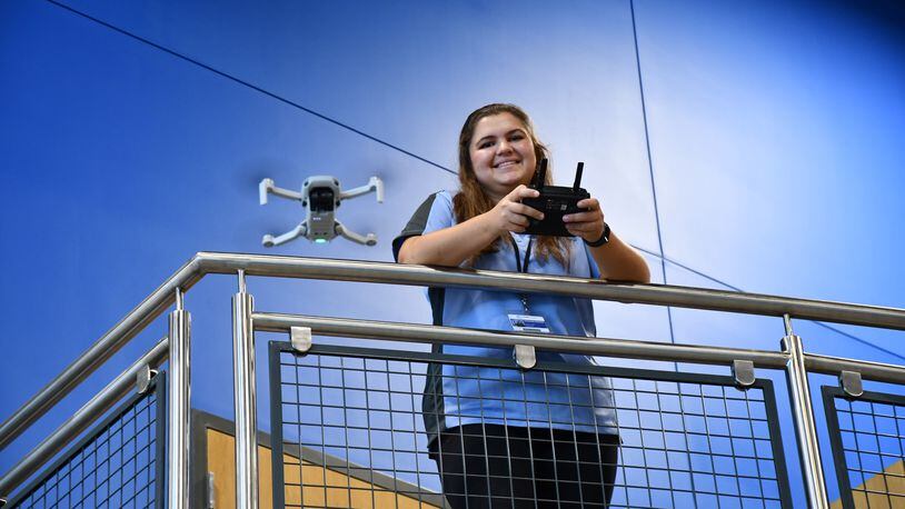 Mackenzie Sizemore shows her skill in piloting a drone in Greene County Career Center’s Take Flight Lab. The junior from Beavercreek is enrolled in the Drone and UAS Technology program. She will be able to test for the FAA Part 107 License which will designate her as a commercial drone pilot.