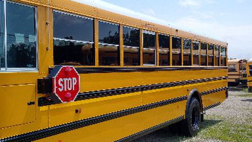 No injuries were reported when a Miamisburg school bus was hit Monday morning. STAFF PHOTO