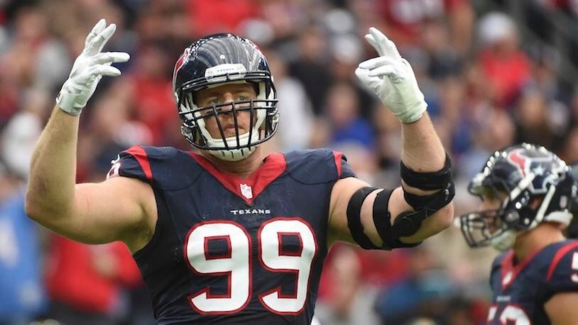 In this Jan. 3, 2016, file photo, Houston Texans defensive end J.J. Watt (99) gestures during the first half of an NFL football game against the Jacksonville Jaguars, in Houston. Many observers believe you can put a blanket over Houston, Tennessee and Indianapolis because their talent bases are that close. We demur. The Texans have a terrific defense that gets back the incomparable Watt and could be enough to overcome a mediocre offense with an unproven QB and suspect passing game. They are well coached and rarely beat themselves, until the playoffs, that is.(AP Photo/Eric Christian Smith, File)