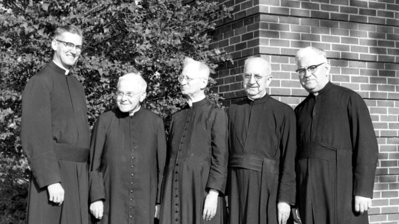 University of Dayton Presidents (from left to right) Very Rev. Raymond A. Roesh (1959-1979), Rev. George J. Renneker (1944-1953), Rev. Walter C. Tredtin (1932-1938), Rev. John A. Elvert (1938-1944) and Rev. Andrew L. Seebold (1953-1959). Photographs from the University of Dayton Archives Collection