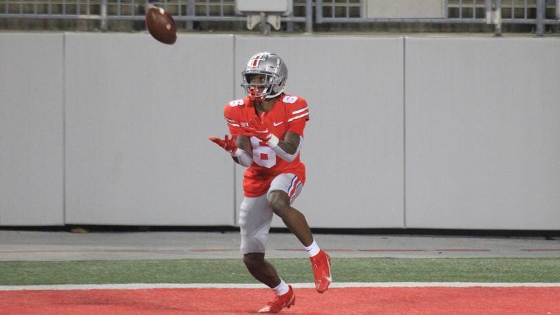 Jameson Williams catches a touchdown pass for Ohio State against Rutgers on Nov. 7, 2020.