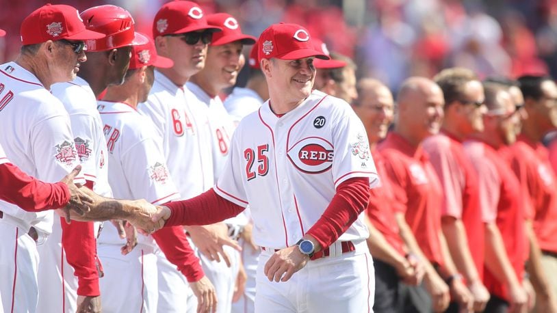 Reds manager David Bell is introduced before a game against the Pirates on Opening Day on Thursday, March 28, 2019, at Great American Ball Park in Cincinnati. David Jablonski/Staff