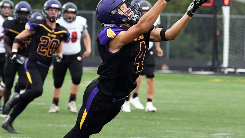 Bellbrook’s Braeden Gedeon stretches for a reception against Tippecanoe. Nick Falzerano/CONTRIBUTED