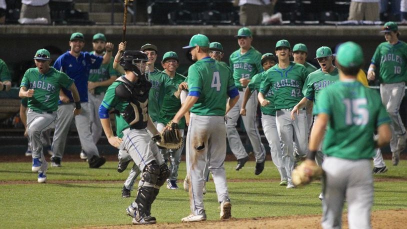 Chaminade Julienne celebrates a victory against Tallmadge in a Division II state semifinal on Friday, June 1, 2018, at Huntington Park in Columbus. David Jablonski/Staff