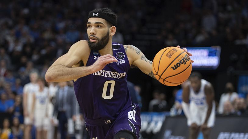 Northwestern guard Boo Buie (0) drives to the basket during the second half of the team's second-round college basketball game against UCLA in the men's NCAA Tournament, Saturday, March 18, 2023, in Sacramento, Calif. UCLA won 68-63. (AP Photo/José Luis Villegas)