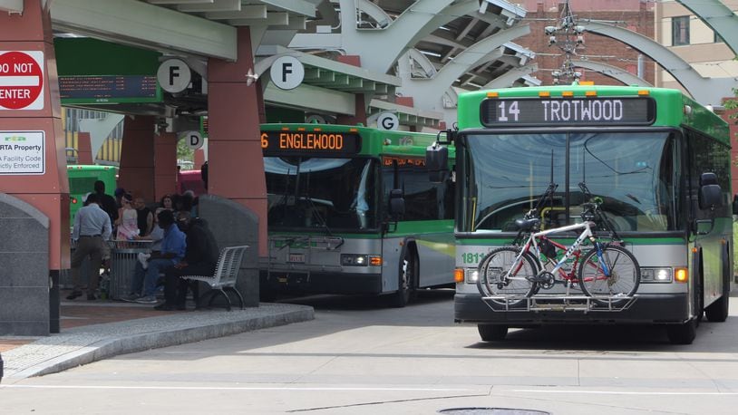 Buses at the Greater Dayton RTA hub in downtown Dayton on Wednesday. CORNELIUS FROLIK / STAFF