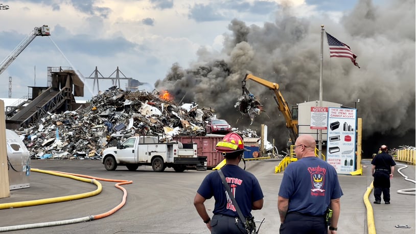 Fire crews responded to the Franklin Iron and Metal Corporation on E. 1st Street after a fire was found in a 100 to 150-foot scrap pile at the business. | LARRY C. PRICE/CONTRIBUTED