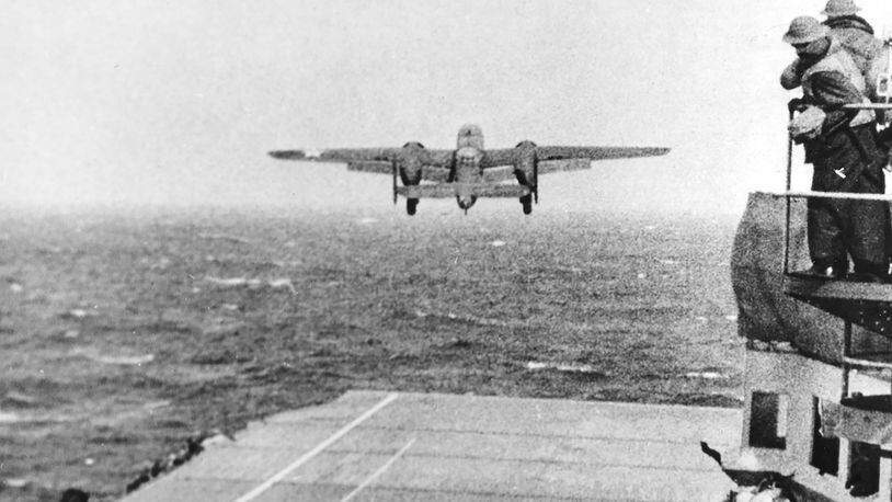 The aircraft carrier Hornet had 16 AAF B-25s on deck, ready for the Tokyo Raid. (U.S. Air Force photo)
