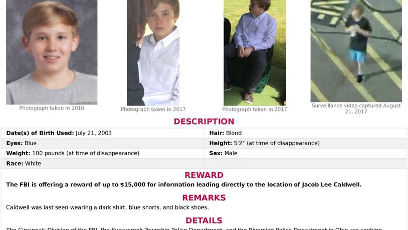 FBI reward poster for information about the disappearance of Jacob Lee Caldwell, who has been missing since days after seeing his father shot to death. CONTRIBUTED