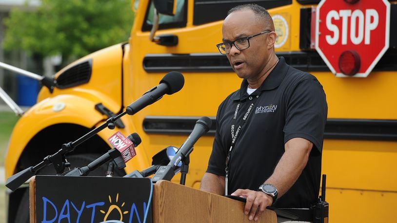Richard Wright II, Dayton Public Schools Chief Saftey and Security officer spoke Monday Aug. 16, 2021, during a press conference at Dunbar High School held by Dayton Public Schools and the Dayton Police Department to discussed back-to-school and traffic safety.  MARSHALL GORBY\STAFF