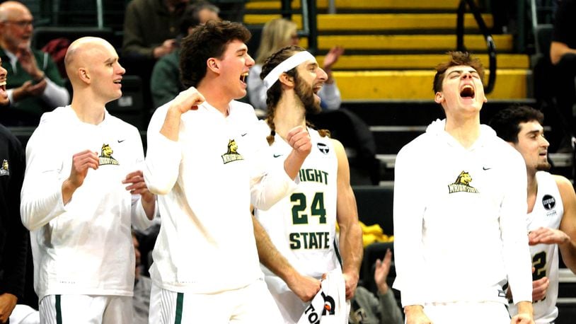 Wright State players react during a Horizon Conference game at the Nutter Center against Youngstown State on Sunday, Dec. 4. DAVID A. MOODIE/CONTRIBUTING PHOTOGRAPHY