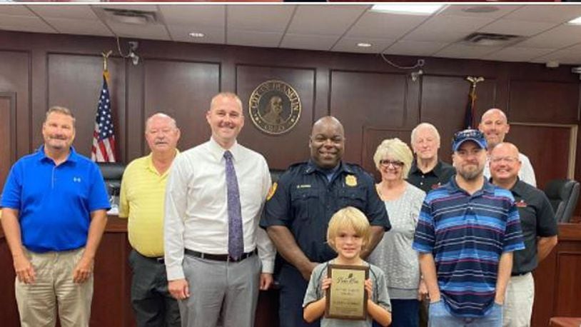 Jayden George, 9, was recognized by the Franklin Division of Fire & EMS during Monday's Franklin City Council meeting for making the 911 call when his father was having a medical emergency recently. CONTRIBUTED/CITY OF FRANKLIN
