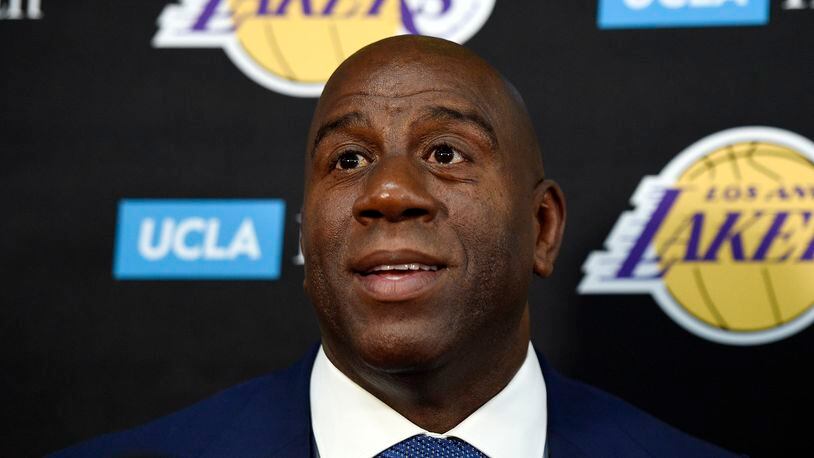 EL SEGUNDO, CA - SEPTEMBER 25: Earvin "Magic" Johnson, president of basketball operations of the Los Angeles Lakers, speaks during media day September 25, 2017, in El Segundo, California. NOTE TO USER: User expressly acknowledges and agrees that, by downloading and/or using this photograph, user is consenting to the terms and conditions of the Getty Images License Agreement. (Photo by Kevork Djansezian/Getty Images)