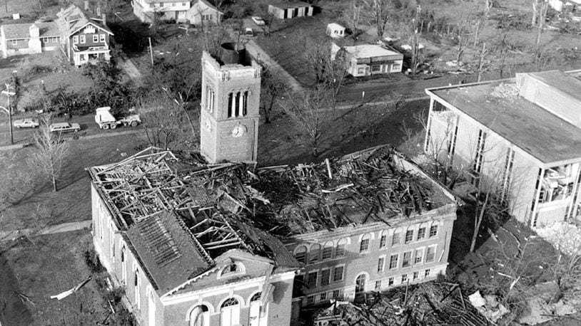 A tornado destroyed over 80 percent of the Central State University campus on April 3, 1974. Four people were killed and more than 20 others were injured. Thirteen buildings were destroyed and 29 others damaged. The damage amounted to $30 million. DAYTON DAILY NEWS ARCHIVE