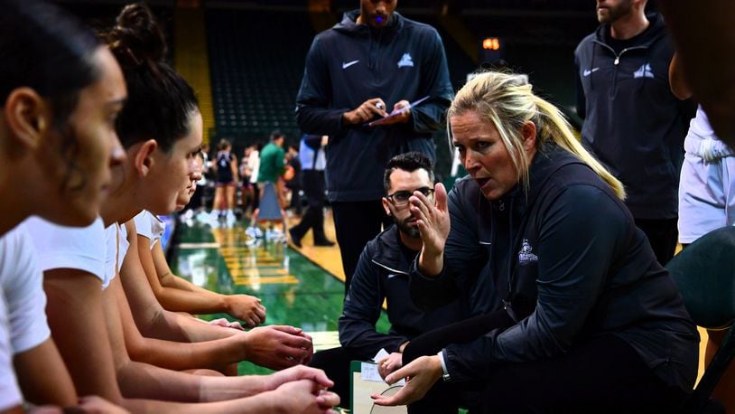 Wright State women's basketball coach Kari Hoffman talks to her team during a game earlier this season. Joe Craven/Wright State Athletics
