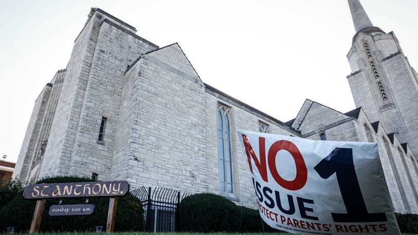 St. Anthony's Catholic Church on Bowen Street in East Dayton has "vote no" on Issue 1 -- a ballot initiative that would enshrine the right to abortion in Ohio's constitution -- signs on the church lawn. JIM NOELKER/STAFF