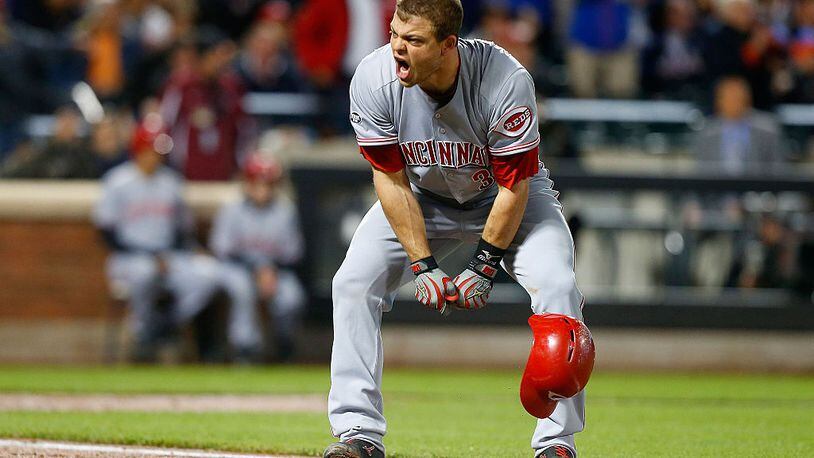 NEW YORK, NY - APRIL 27: Devin Mesoraco #39 of the Cincinnati Reds reacts after lining out to end the third inning with the bases loaded against the New York Mets at Citi Field on April 27, 2016 in the Flushing neighborhood of the Queens borough of New York City. (Photo by Jim McIsaac/Getty Images)