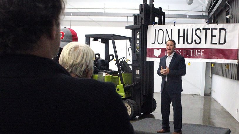 Ohio Secretary of State Jon Husted tells supporters his vision for Ohio at a campaign stop at K. K. Tool Company in Springfield. Husted is running for lieutenant governor on a ticket with Ohio Attorney General Mike DeWine. JEFF GUERINI/STAFF