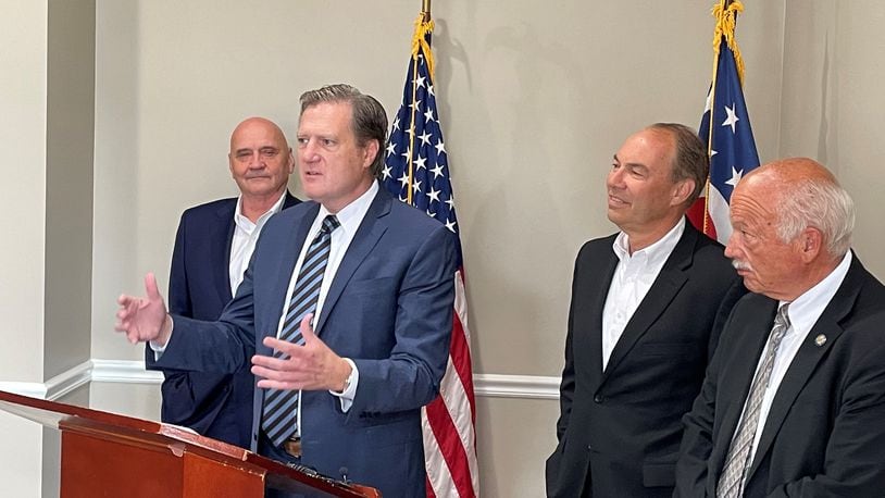 U.S. and Ohio lawmakers met Wednesday to discuss coordinating state and federal policy, including on supporting Wright-Patterson Air Force Base and related development. The lawmakers included, from left, state Rep. Tom Young, U.S. Rep. Mike Turner, state Sen. Bob Peterson and state Sen. Bob Hackett.
