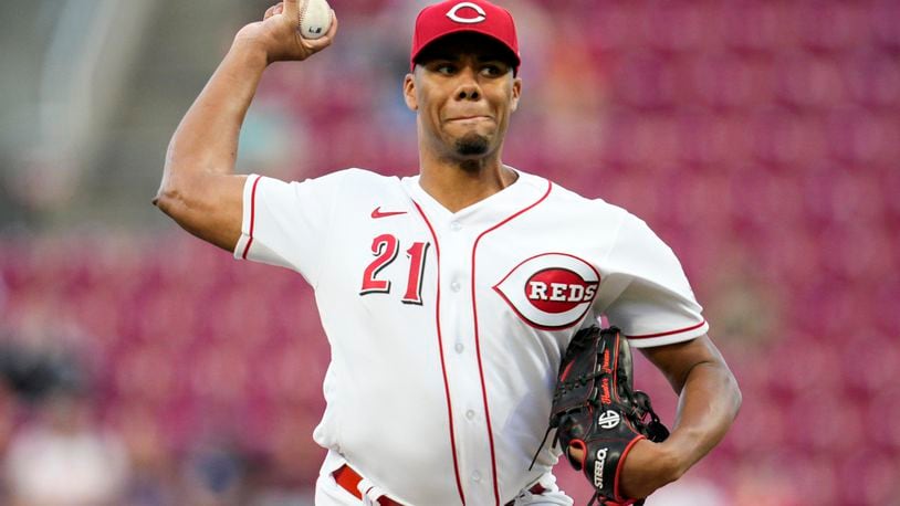Cincinnati Reds starting pitcher Hunter Greene throws during the second inning of the team's baseball game against the Milwaukee Brewers on Thursday, Sept. 22, 2022, in Cincinnati. (AP Photo/Jeff Dean)